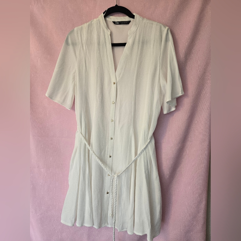 ZARA white short Sleeved Dress square metal buttons braided belt Sz S